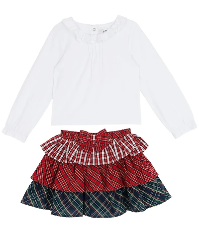 Rare Editions Little Girls Solid Knit Top & Tiered Mixed Plaid Skirt Set