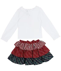 Rare Editions Little Girls Solid Knit Top & Tiered Mixed Plaid Skirt Set