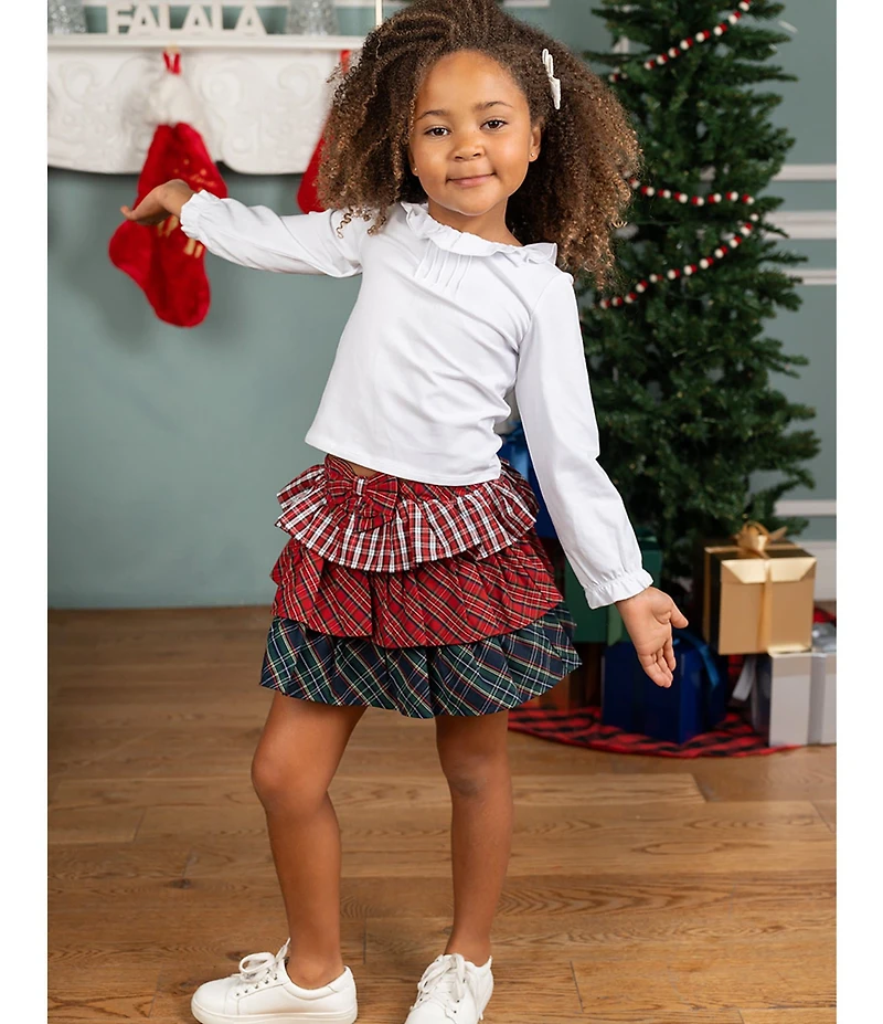 Rare Editions Little Girls Solid Knit Top & Tiered Mixed Plaid Skirt Set