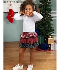 Rare Editions Little Girls Solid Knit Top & Tiered Mixed Plaid Skirt Set