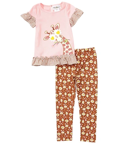 Rare Editions Little Girls Solid/Gingham Color Block Giraffe-Face-Applique Tunic Top & Flower-Printed Leggings Set