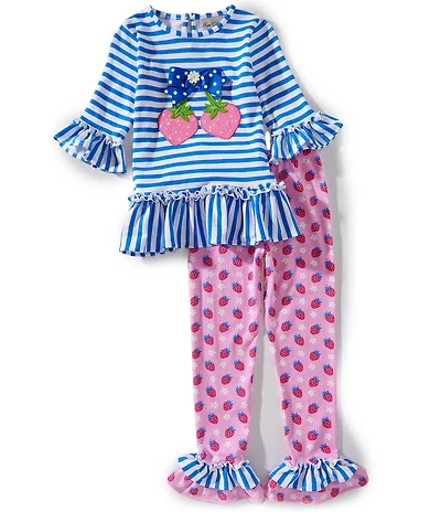 Rare Editions Little Girls Stripe Knit Top & Printed Strawberry Leggings Set