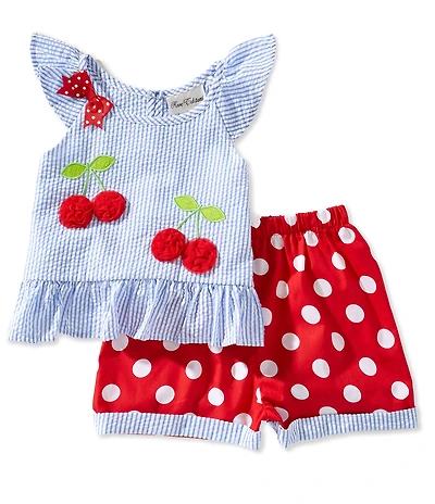 Rare Editions Little Girls Flutter Sleeve Cherry Appliqued Striped Seersucker Top & Polka Dot Shorts Set