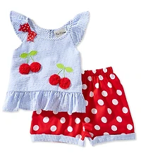 Rare Editions Little Girls Flutter Sleeve Cherry Appliqued Striped Seersucker Top & Polka Dot Shorts Set