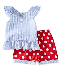 Rare Editions Little Girls Flutter Sleeve Cherry Appliqued Striped Seersucker Top & Polka Dot Shorts Set