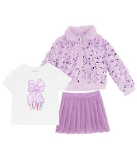 Rare Editions Little Girls T-Shirt & Skort Purple Sequin Faux Fur Bomber Jacket 3-Piece Set