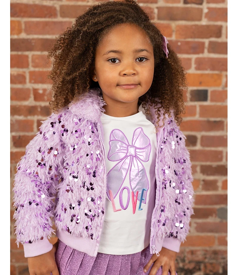 Rare Editions Little Girls T-Shirt & Skort Purple Sequin Faux Fur Bomber Jacket 3-Piece Set