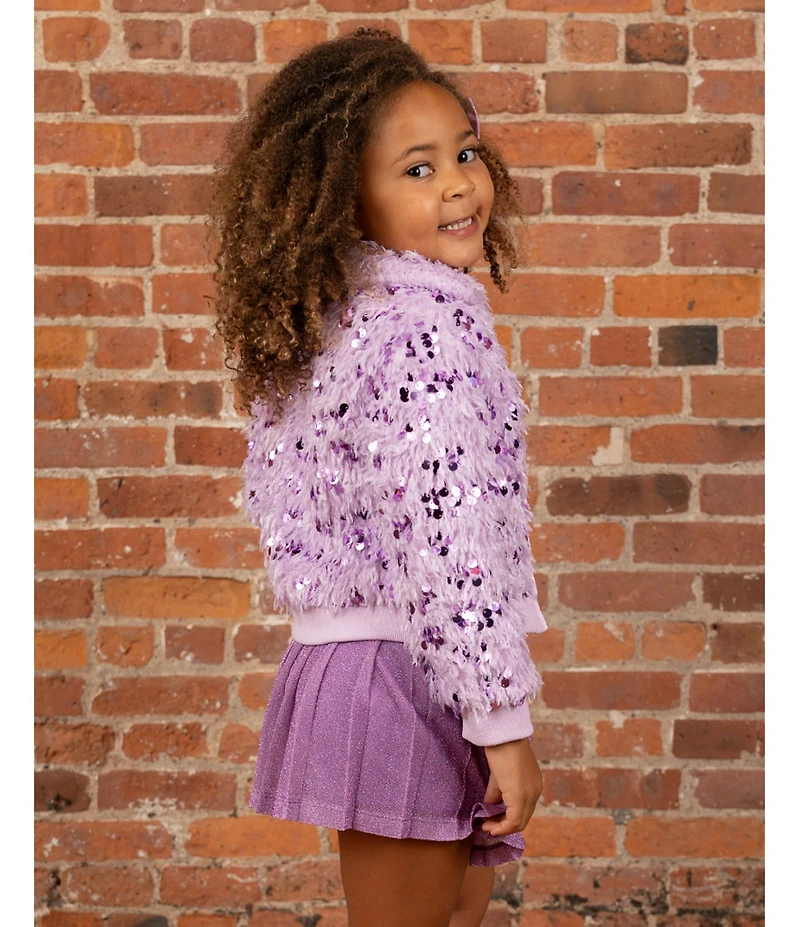 Rare Editions Little Girls T-Shirt & Skort Purple Sequin Faux Fur Bomber Jacket 3-Piece Set