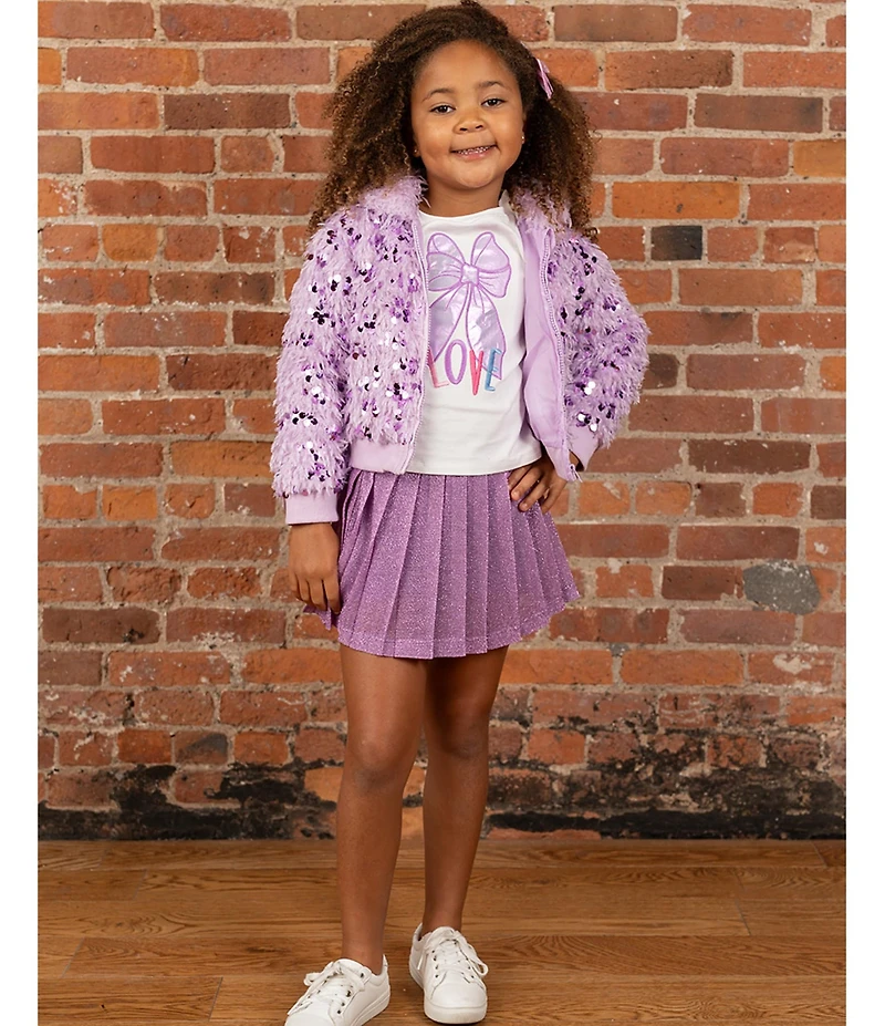 Rare Editions Little Girls T-Shirt & Skort Purple Sequin Faux Fur Bomber Jacket 3-Piece Set
