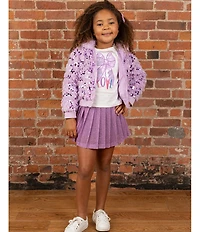 Rare Editions Little Girls T-Shirt & Skort Purple Sequin Faux Fur Bomber Jacket 3-Piece Set
