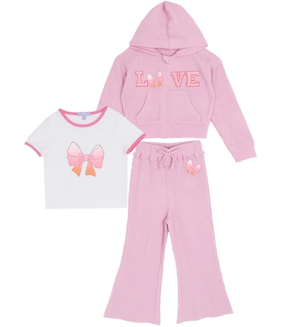 Rare Editions Little Girls Waffle-Knit Hooded Jacket, Matching Jogger Pants & Short-Sleeve Bow-Graphic T-Shirt Set