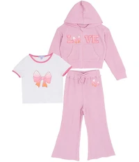 Rare Editions Little Girls Waffle-Knit Hooded Jacket, Matching Jogger Pants & Short-Sleeve Bow-Graphic T-Shirt Set