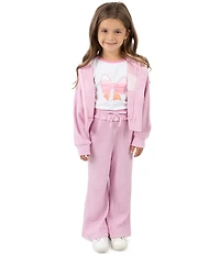 Rare Editions Little Girls Waffle-Knit Hooded Jacket, Matching Jogger Pants & Short-Sleeve Bow-Graphic T-Shirt Set
