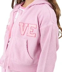 Rare Editions Little Girls Waffle-Knit Hooded Jacket, Matching Jogger Pants & Short-Sleeve Bow-Graphic T-Shirt Set