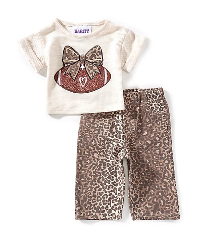 Rarity Baby Girls Short Sleeve Glitter Football Bow Applique Knit Top & Cheetah Printed Denim Pants Set