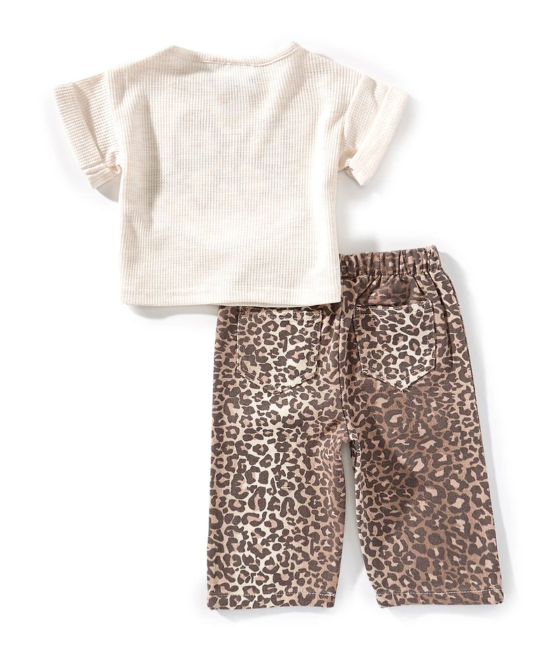 Rarity Baby Girls Short Sleeve Glitter Football Bow Applique Knit Top & Cheetah Printed Denim Pants Set