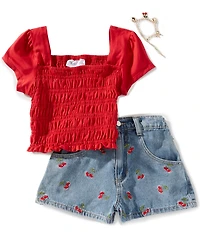 Rarity Big Girls Cap-Sleeve Smocked Top & Cherry-Embroidered Denim Shorts Set