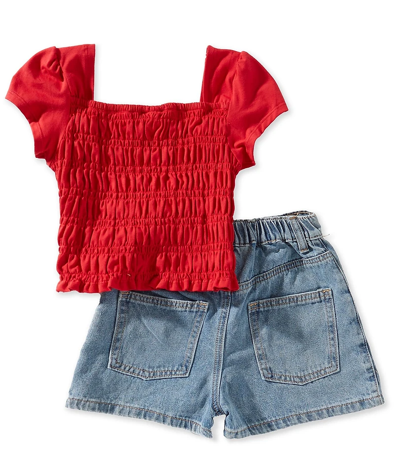 Rarity Big Girls Cap-Sleeve Smocked Top & Cherry-Embroidered Denim Shorts Set