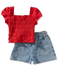 Rarity Big Girls Cap-Sleeve Smocked Top & Cherry-Embroidered Denim Shorts Set