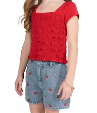 Tween Diva Big Girls Cap-Sleeve Smocked Top & Cherry-Embroidered Denim Shorts Set
