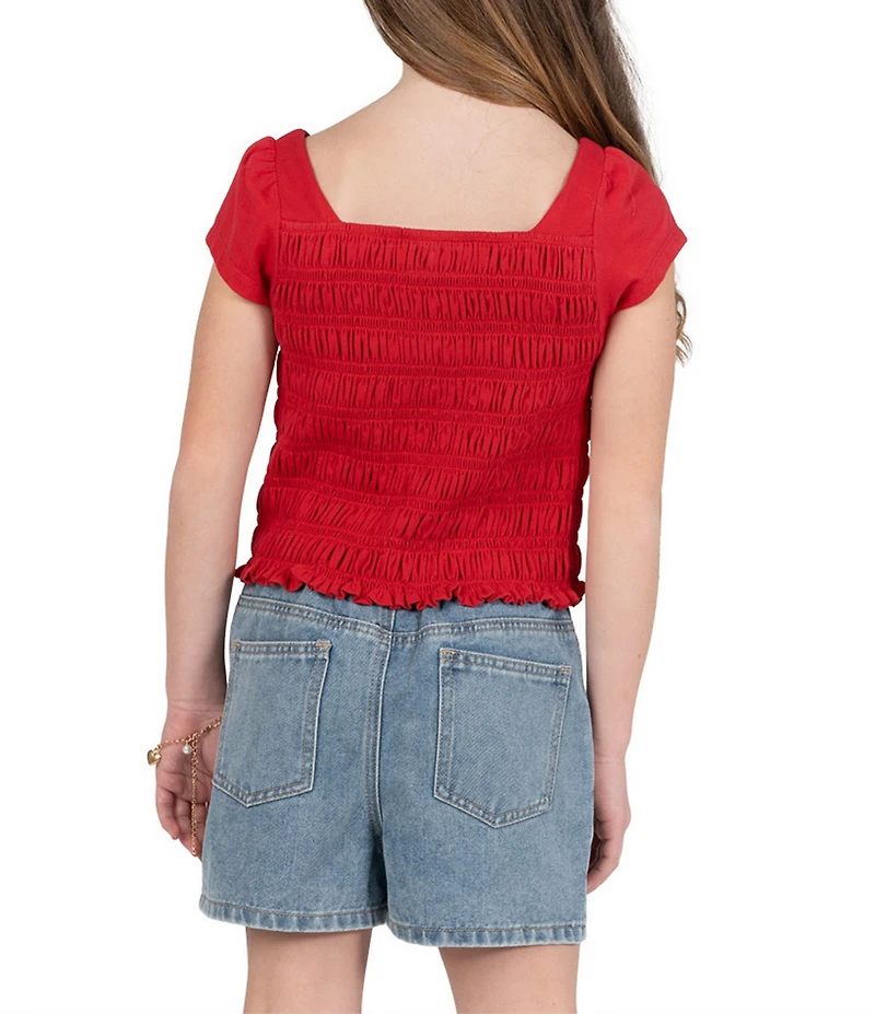 Tween Diva Big Girls Cap-Sleeve Smocked Top & Cherry-Embroidered Denim Shorts Set
