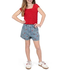 Tween Diva Big Girls Cap-Sleeve Smocked Top & Cherry-Embroidered Denim Shorts Set