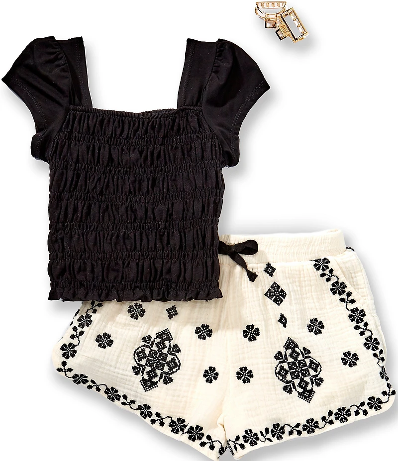 Rarity Big Girls Cap Sleeve Smocked Top & Embroidered Gauze Shorts Set