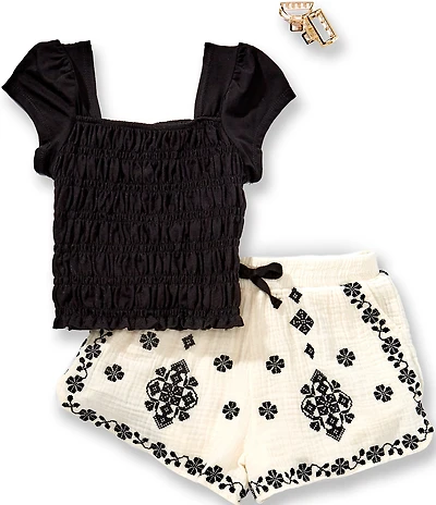 Rarity Big Girls Cap Sleeve Smocked Top & Embroidered Gauze Shorts Set