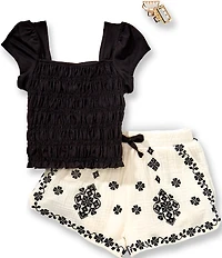 Rarity Big Girls Cap Sleeve Smocked Top & Embroidered Gauze Shorts Set