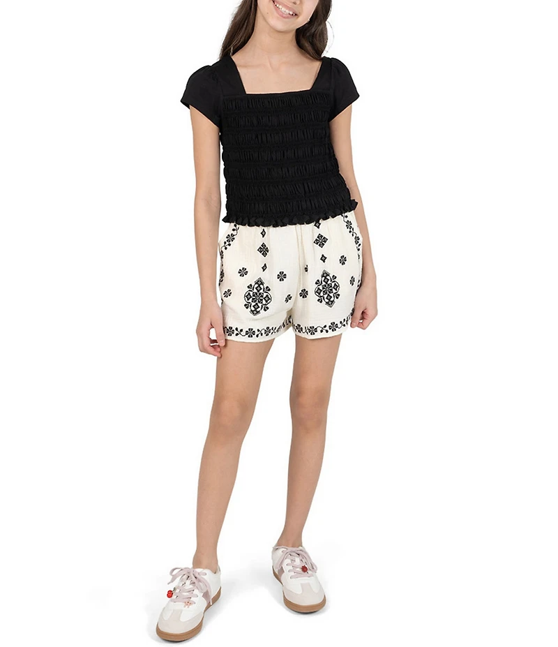 Rarity Big Girls Cap Sleeve Smocked Top & Embroidered Gauze Shorts Set