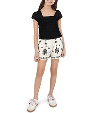 Rarity Big Girls Cap Sleeve Smocked Top & Embroidered Gauze Shorts Set