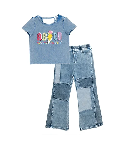Rarity Little Girls Short-Sleeve #double;ABCD#double; Acid-Wash Top & Patchwork Jeans Set