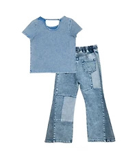 Rarity Little Girls Short-Sleeve #double;ABCD#double; Acid-Wash Top & Patchwork Jeans Set