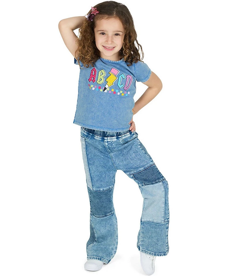 Rarity Little Girls Short-Sleeve #double;ABCD#double; Acid-Wash Top & Patchwork Jeans Set
