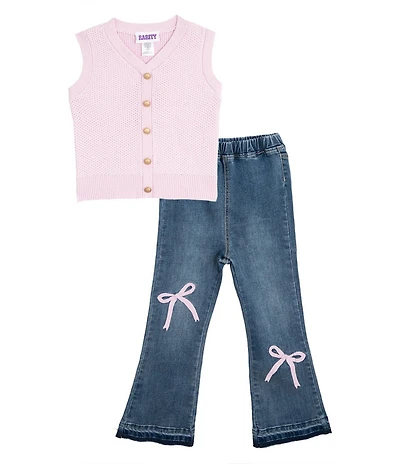 Rarity Little Girls Sleeveless Crocheted Vest & Bow-Detailed Jeans Set