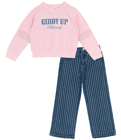 Rarity Little Girls Long-Sleeve Embroidered Fringe-Trimmed Sweatshirt & Jeans Set