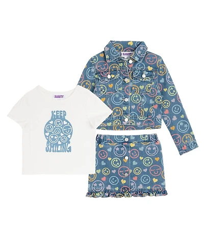 Rarity Little Girls Long-Sleeve Smiley Face Denim Jacket & Matching Skirt & Short-Sleeve Keep Smiling T-Shirt Set