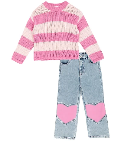 Rarity Little Girls Long-Sleeve Wide-Striped Sweater & Heart-Appliqued Jeans Set