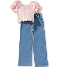 Rarity Little Girls Puffed-Sleeve Smocked Peasant Top & Patchwork Jeans Set