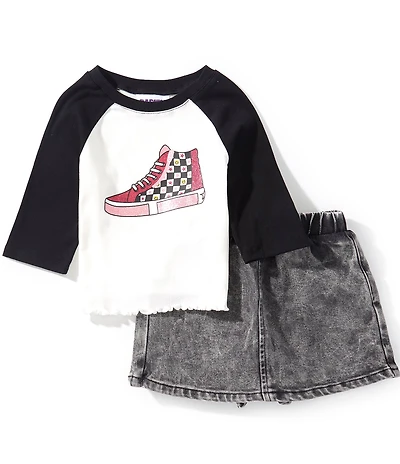 Rarity Little Girls Raglan-Sleeve Color Block Shoe-Graphic T-Shirt & Denim Skort Set