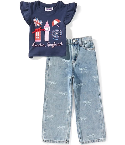 Rarity Little Girls Short Sleeve London England T-Shirt & Bow Printed Denim Jeans Set