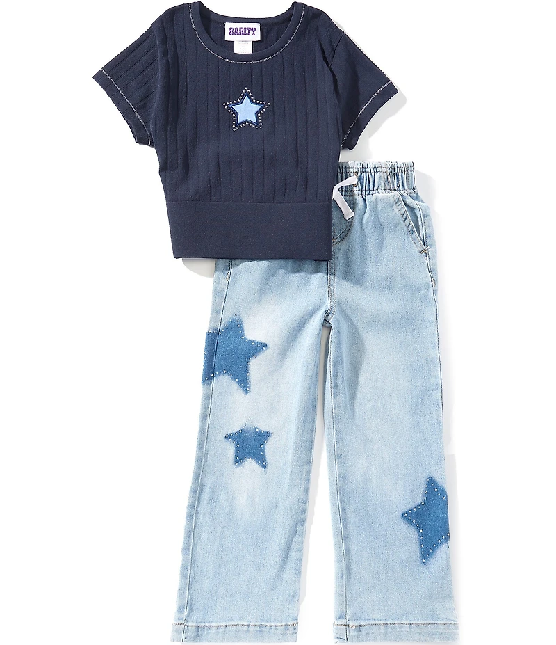 Rarity Little Girls Short Sleeve Star Applique Rib Knit Sweater & Star Applique Pull On Jeans Set
