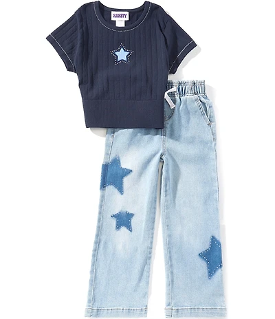 Rarity Little Girls Short Sleeve Star Applique Rib Knit Sweater & Star Applique Pull On Jeans Set