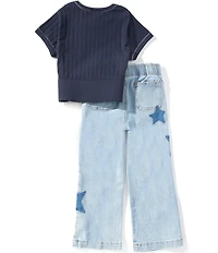 Rarity Little Girls Short Sleeve Star Applique Rib Knit Sweater & Star Applique Pull On Jeans Set