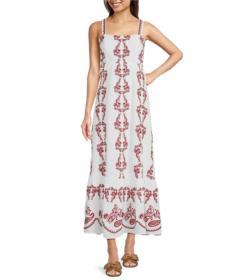 Reba Amber Paisley Print Square Neck Sleeveless Embroidered Maxi A-Line Dress