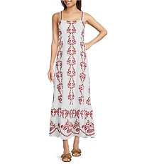 Reba Amber Paisley Print Square Neck Sleeveless Embroidered Maxi A-Line Dress