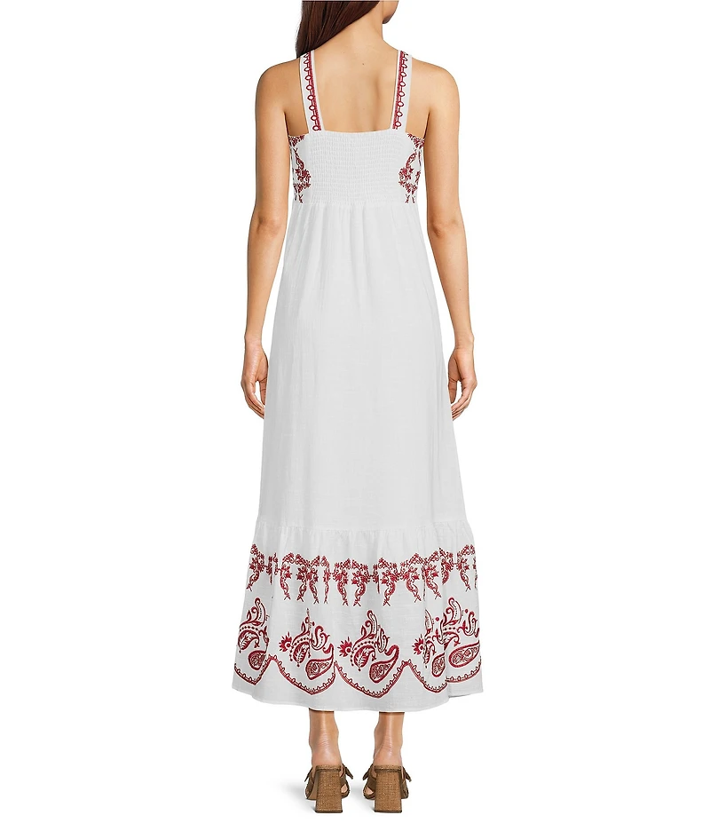 Reba Amber Paisley Print Square Neck Sleeveless Embroidered Maxi A-Line Dress