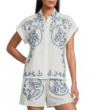 Reba Amber Woven Paisley Embroidered Point Collar Short Sleeve Coordinating Blouse