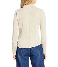 Reba Anissa Point Collar Long Sleeve Embroidered Button Front Top
