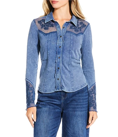 Reba Anissa Point Collar Long Sleeve Embroidered Button Front Top